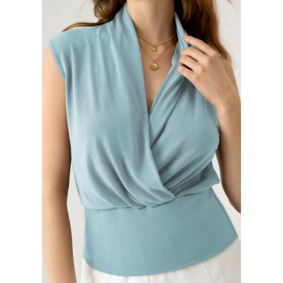OGL Eco-Mousse Soft Stretchy Surplice Wrap Look Sleeveless Top Blue Size Medium - Picture 2 of 10